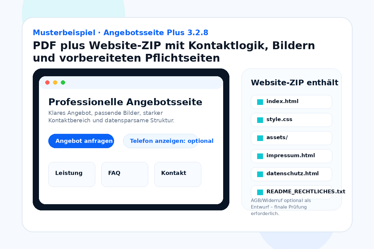 Musterbeispiel Angebotsseite Plus mit Website-ZIP, Kontaktlogik und Pflichtseiten